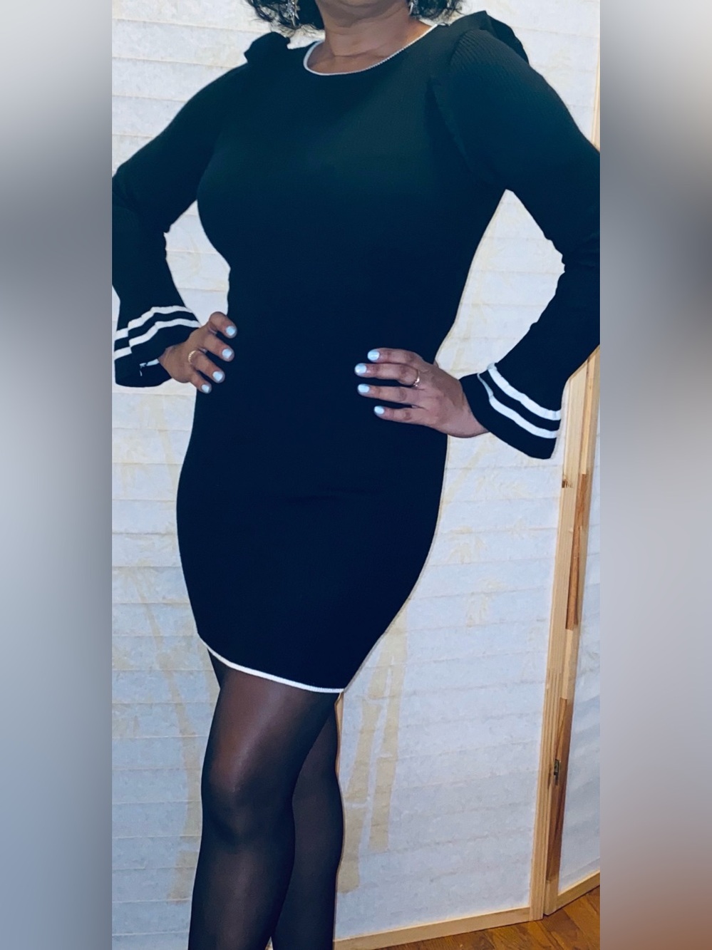 0197 Black Mini Ribbed Long-Sleeve Sheath Dress with White Contrast Trim